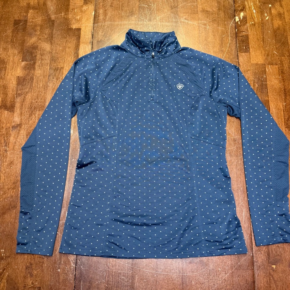 Ariat Quarter 1/4 Zip Top Women M Navy Blue Polka Dot AriatTEK Performance Shirt - Picture 2 of 10